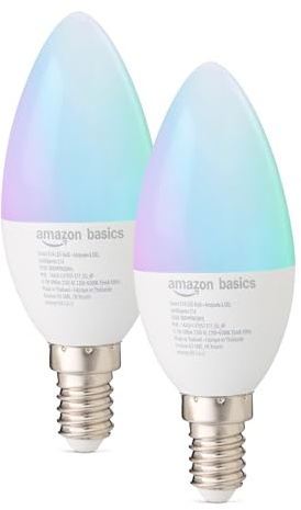 Amazon Basics E14 Smart LED Bulb, 4.7 Watts, WiFi Light Bulb, 2.4 GHz, Works with Alexa Only, Multicolour, 2-Pack