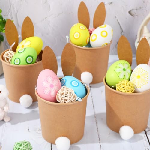 FYSUIMU 50Pcs Easter Paper Snack Bowls 12oz Easter Bunny Kraft Paper Cups with Ears Tails Cute Rabbit Disposable Ice Cream Cups for Spring Easter Party Supplies
