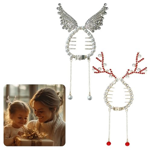 2 Stück Haarklammer Weihnachten,Sonnorel Flügelclips, Glitzernde Rentier Bananenclips,Strass Perlen Haarklammern,Weihnachts Haar Accessoires für Frauen und Mädchen (Rot,Weiß)