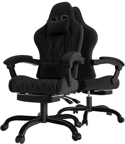 Devoko Gaming Stuhl Stoff, Ergonomischer Bürostuhl mit Massager. Gaming Chair mit Federpolsterung, mit Kopfstütze, Fußstütze, Höhenverstellbar. Gamer Stuhl 150 kg belastbarkeit. Schwarz