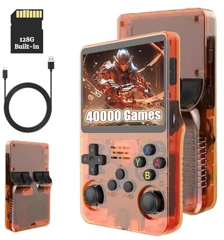 KINMRIS R36S Retro Handheld Spielkonsole, Retro Konsole 3,5-Zoll-IPS-Bildschirm, 128 G über 40.000 Spiele, tragbare Spielkonsole für Kinder und Erwachsene, unterstützt mehrere Emulatoren (Orange)