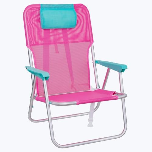 Silla de playa junior con mochila, Rosa, plegable, ligera de aluminio | silla fija de 55x40x71 cm, con cojín cervical aguamarina, correas acolchadas y ajustables