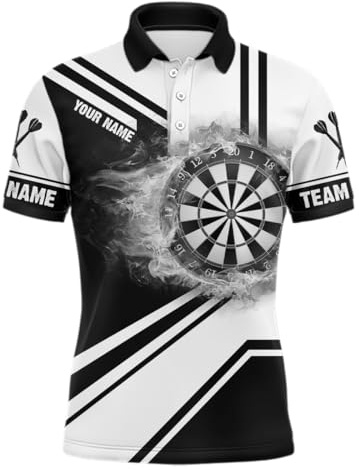 Climcat Personalisierte Schwarz-Weiß Flammen-Dartshirt für Herren & Damen - Anpassbares Darts-Jersey Performance Dart-Trikot L0993