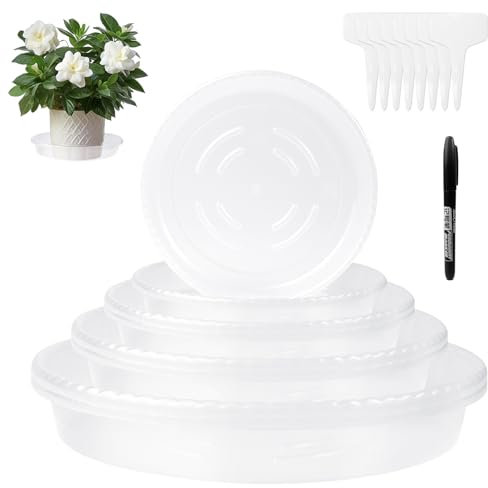 Sottovasi Trasparenti Per Piante Con Etichetta - 8 Pezzi Sottovasi Resistenti E Trasparenti, Vasi Per Fiori Rotondi, Sottovasi Da Giardino con 8 Etichette Piastre Profonde per Vasi Da Giardino Esterno