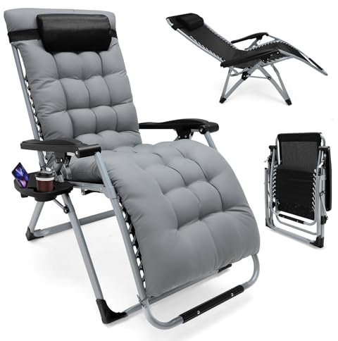 MINENICE Lehnender Schwerelosigkeits-Stuhl im Freien mit Getränkehalter verstellbare Kopfstütze, Liegestuhl für Patio-Garten-Strand-Pool, mit Kissen-Unterstützung 200kg (Mit grauem Kissen)