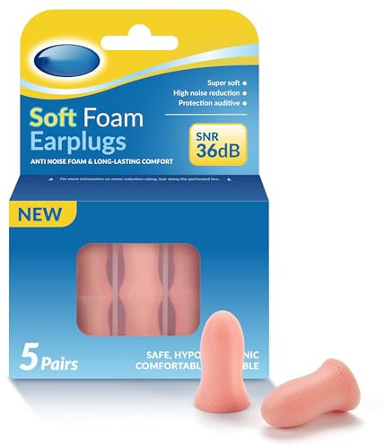 Fioobie Tappi per Orecchie in Schiuma 36dB Testati in Laboratorio, Confezione da 5 con Custodia – Riduzione del Rumore Riutilizzabile per Sonno, Viaggi & Concentrazione