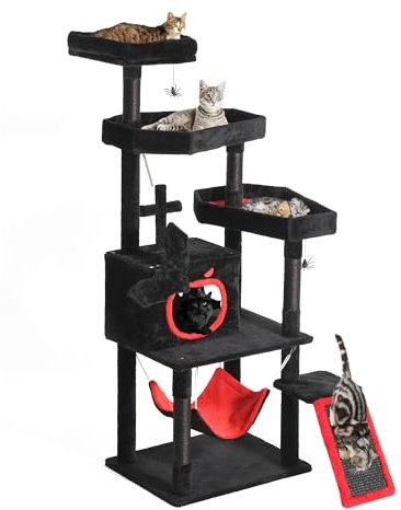 YITAHOME Gothic XL Cat Tree, 160 cm Tall, Stable Cat Tree for Large Cats with 4 Sisal Posts, 1 Scratching Board, 1 Hammock, 2 Spider Hanging Balls, Coffin Bed Platforms, Halloween for Cats, Black