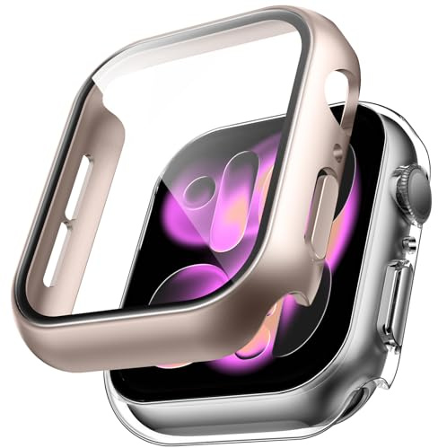 TAURI 2 Stück Hülle für Apple Watch Series 11/10 46mm - Champagner+Klar | [360° stoßfest] mit 9H Gehärteter Glas Displayschutz und Hoher Empfindlichkeit, Kratzfeste Schutzhülle