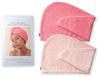 waschies Mikrofaser Haarhandtuch/Haarturban 2er Set Pink/Rosa | Für alle Haartypen, mit praktischem Fixierknopf für schnelle Haartrocknung, sanft, leicht & saugfähig