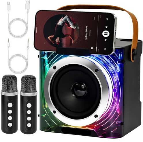 Drepint Karaoke 2 Microfonos Inalambricos, Altavoz Karaoke Portatil, Altavoz Bluetooth Portátil Bluetooth 5.3, con Luces LED, Soporte para Teléfono para Amigos en Casa, Fiesta, Boda (Negro)
