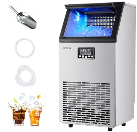 VEVOR Commercial Ice Maker Machine, 100 lbs/24h with 28Lbs Storage, 45 Cubes per Cycle, Stainless Steel Freestanding & Under Counter Ice Maker with LED Display & Self-Cleaning, for Home Bar Restaurant