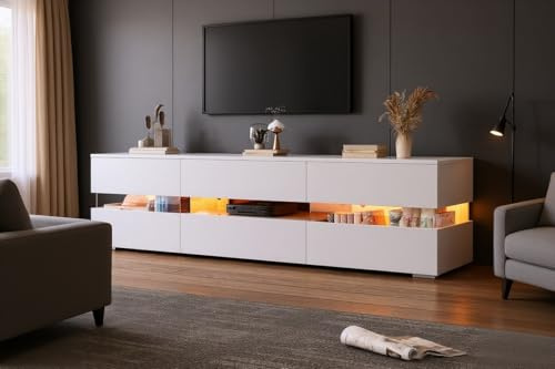 Merax Mobile TV basso 160 cm, bianco lucido con illuminazione a LED, inserti in vetro acrilico, apertura a pressione per TV da 70 pollici, moderna tavola TV per soggiorno mobili