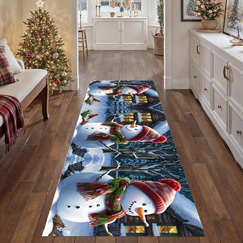 YJDRUG Vintage Schneemann Weihnachts-Läuferteppich 60x120 cm, Frohes Neues Jahr Landhausstil Fußmatte, rutschfest waschbar für Küche, Eingang, Waschküche, Schlafzimmer