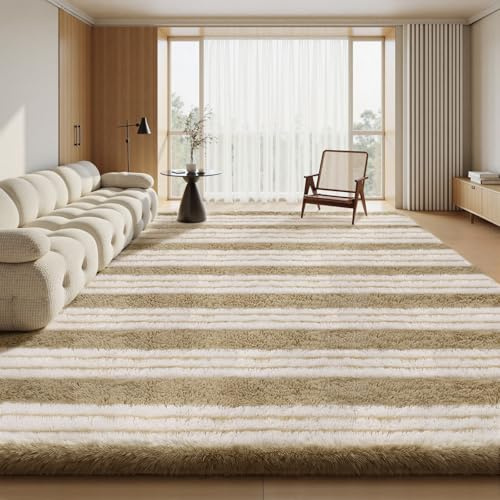 Treeboy Hochflor Teppich Streifen Beige and Weiß Teppich Wohnzimmer 200x300 Waschbar Anti-Rutsch Extra Große Teppiche Schlafzimmer Flauschige Moderne Teppiche Matte Teppichen für Kinderzimmer