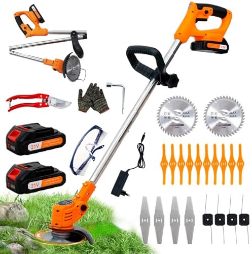 OUTIGO Akku-Rasentrimmer, batteriebetriebener Rasentrimmer mit 21 V, elektrischer Rasentrimmer ohne Kabel,mit 4 Arten von Klingen, Verstellbarer Kopf und Dreifach gefalteter Griff