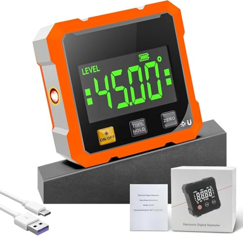 4-Seitiger Magnetischer Digitaler Winkelmesser,Neigungsmesser Digital mit LCD Display, IP54 Wasserdicht Laser Wasserwaage,Type-C Schnittstelle ±0,2° Präzision für BAU, Maschinen, DIY Arbeiten(Orange)