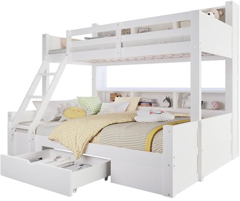 SOFTWEARY Etagenbett mit 2 Liegeflächen, LED-Beleuchtung, Schubladen, Regal, Lattenost, Leiter, Rausfallschutz, Kinderbett, Massivholz (weiß, 90x200 cm/140x200 cm)