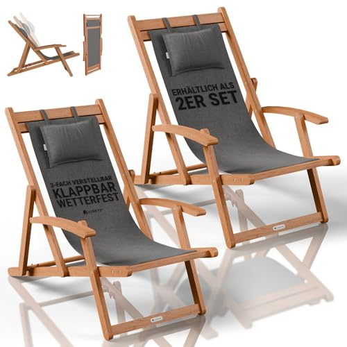Juskys® Sonnenliege Tavira Anthrazit - Klappbar, 3-Fach verstellbare Rückenlehne, mit abnehmbarem Kopfpolster, wetterfest, geöltes Akazienholz, 2er Set