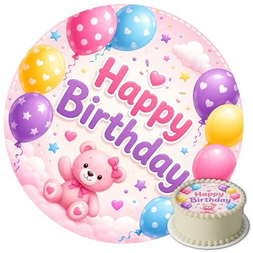 J&M DECO Tortenaufleger Rosa Teddybär – essbare Kuchendeko Ø 20 cm – Tortenbild für Mädchengeburtstag & 1. Geburtstag mit Luftballons – aus Zuckerpapier – gebrauchsfertig