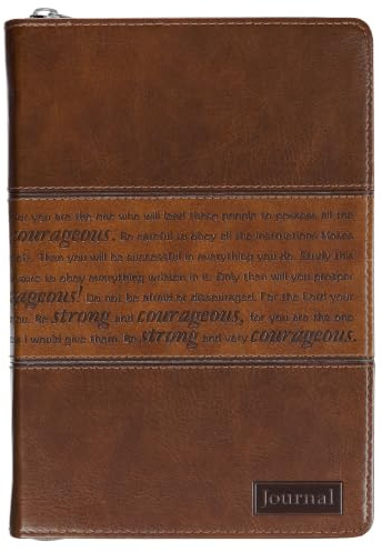 Classic Faux Leather Journal Strong and Courageous Joshua 1:57 Bible Verse, Brown Inspirational Notebook, Lined Pages W/Scripture, Ribbon Marker, Zipper Closure