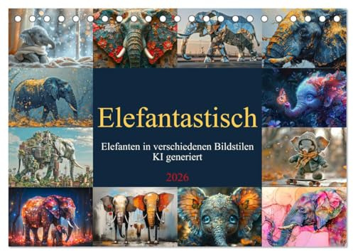 Elefantastisch (Tischkalender 2026 DIN A5 quer), CALVENDO Monatskalender: Elefanten in verschiedenen Bildstilen - KI generiert (CALVENDO Tiere)
