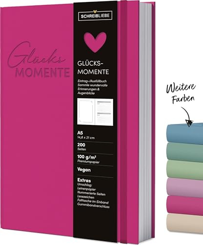 Glücksmomente Fuchsia: Notizbuch A5, liniert, Ausfüllbuch mit Lesebändchen, Zetteltasche und Gummiband, 200 Seiten - SchreibLiebe
