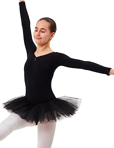 tanzmuster Kinder Ballett Tutu Romy - Langarm Ballettbody mit Tuturock und Glitzersteinen in schwarz, Größe:164/170