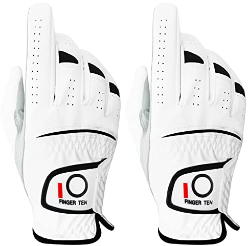 FINGER TEN Golfhandschuhe Herren Links Rechts Hand 2 Stück Golfhandschuh Wettersof Leder Griffig Weich Passform Handschuh für Golfer Männer (Rechts, L)