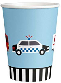 amscan 9906581 - Vasos On The Road 8 Unidades, 250 ml, Policía, Bomberos, Ambulancias, Coche, Vasos de Papel, Vasos Desechables