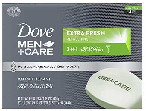DOVE MEN + CARE Dove Men+Care 3 in 1 Bar for Body, Face, and Shaving to Clean and Hydrate Skin Extra Fresh Body, (14 Count of 3.75 oz Bars) 52.5 oz