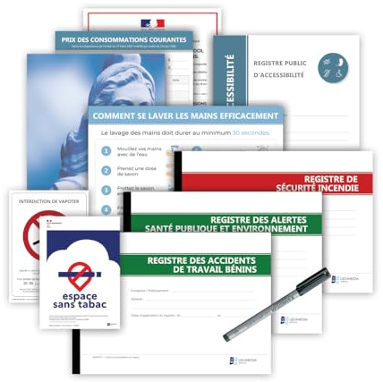 Pack de mise en conformité Bar et Café - 6 Affichages et 4 Registres obligatoires avec 1 stylo-feutre offert - Kit de fixation inclus - Fabriqués en France - LEGIMEDIA ÉDITIONS
