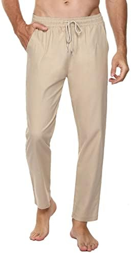 Sykooria Hose Herren mit Kordelzug Leichte Leinen Baumwolle Sommerhose Lang Freizeithose Elastische Taille Strandhosen Stoffhose Casual Herrenhose Schlupfhose mit Taschen, Khaki M