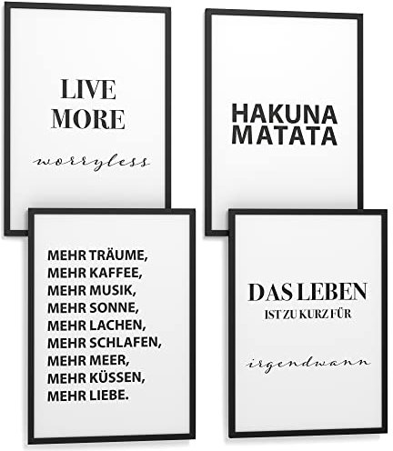 Papierschmiede® Premium Spruchposter Set 4er DIN A3 (30x42 cm) Motiv: Hakuna Matata, Keine Sorgen König der Löwen, Typografie Bilder Wohnzimmer Schlafzimmer ohne Rahmen