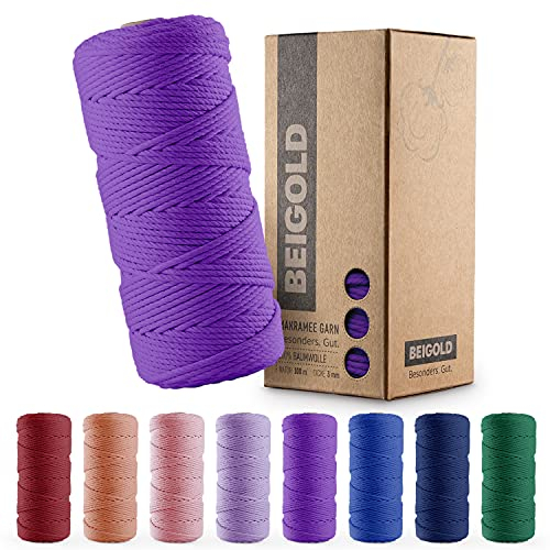 BEIGOLD® Premium Makramee Garn 3mm x 100m - Makramee Deep Purple- Lila - Baumwollgarn Mischgarn zum Knüpfen von Macrame - Rope Garn - Makramee-Garn aus Baumwolle für Kunst DIY Handwerk