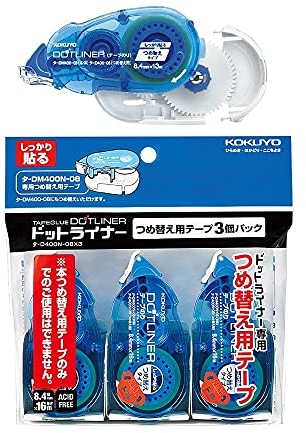 Kokuyo Co., Ltd Dot Liner Tape Dispenser, Strong Glue Roll 8.4 mm, DM400-08 Dispenser Pack & 3 Refills of 16 m D400-08, Japan Import