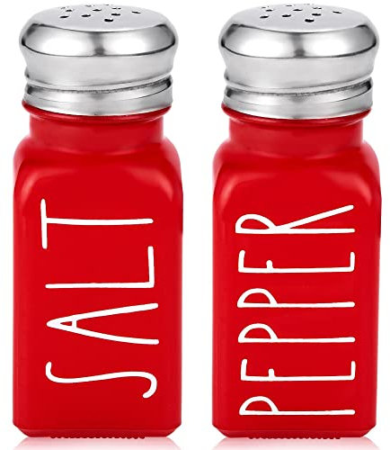 Red Salt and Pepper Shakers Set by Brighter Barns - Modern Farmhouse Kitchen Decor and Accessories for Home Restaurants Weddings - Cute Modern Glass Christmas Shaker Sets & Stainless Steel Lid (Red)