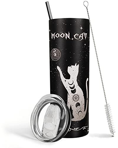 Cat Tumbler with Lid and Straw, Goth Tumbler,Cat Lover Gifts for Women, Black Cat Water bottle Cup, Moon Phase Cat Coffee Mugs, 20 oz Goth Cat Travel Mug Tumbler