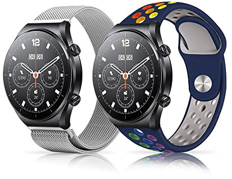 LanQii Cinturino Compatibile con Xiaomi Mi Watch/Watch S1/Watch S1 Active/Amazfit GTR 4, 22mm Silicone + Metallica in Acciaio per Huawei Watch 4 PRO/Watch 4/Watch Ultimate/Watch Buds (Blu+Argent)