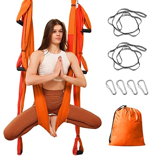 Leogreen Yoga Hängematte, Aerial Yoga Schaukel, Aerial Yogatuch Yoga Pilates, mit 6 Griffen, Nylon-Taft, bis 300 kg belastbar (Orange und Rot)