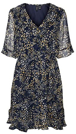 VERO MODA Damen Vmdora Kaya 2/4 Short Dress Wvn Ga Kleid, Navy Blazer/Aop:dora, M