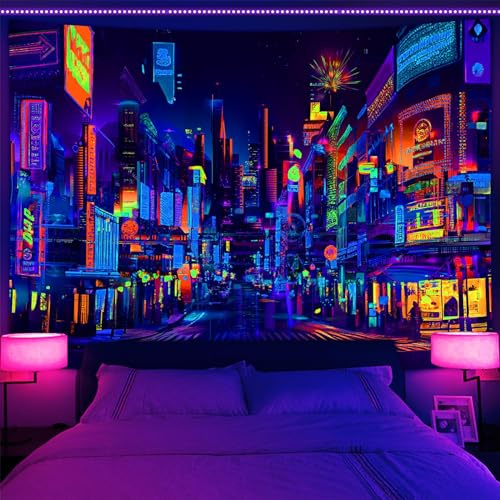 Bzhilja Schwarzlicht-japanischer Anime-Wandteppich, UV-reaktives Punk-Stadtbild, japanische Tokyo Billboards District City 80er Jahre Kunst Wandbehänge für Wohnzimmer, Schlafzimmer, Wohnheim