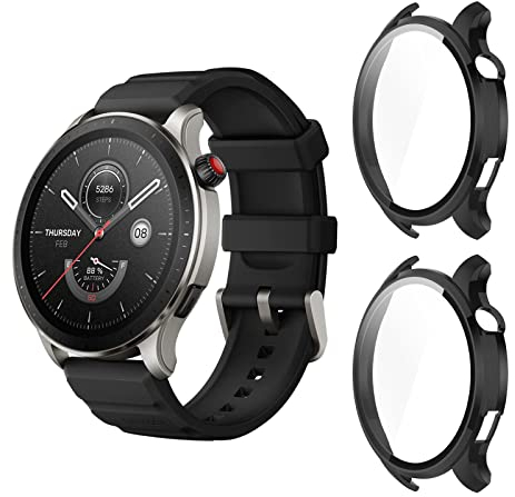 Aerku Funda para Amazfit GTR 4 / Amazfit GTR 4 Pro, 9H HD Anti-Choque Parachoques Anti-rasguños Protector Duro PC Marco Cristal Templado Protector de Pantalla Funda - Negro