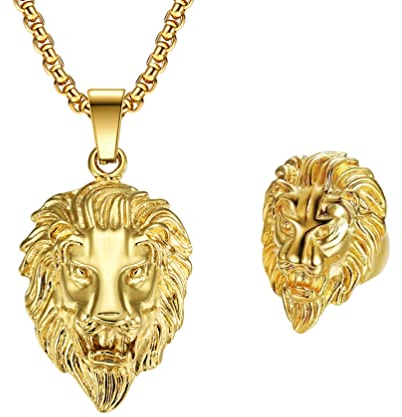 JKJF Löwenkopf Halskette Ringe Set Löwenkopf Anhänger Halskette Hip Hop Kette Halsband für Männer Frauen Mottoparty Karneval Party Cosplay Zubehör - Gold