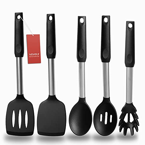 Silicone Spatula and Cooking Spoon,5 Pack Non-Stick Cooking Utensils for Kitchen，Heat Resistant Solid & Slotted Spoons and Spatulas, Stainless Steel Handle Coated with Silicone,Black