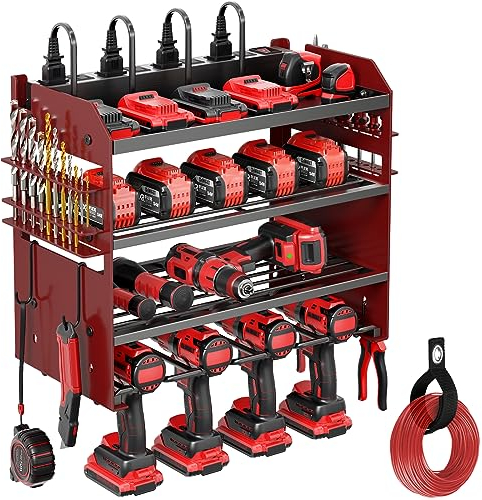 POKIPO Power Tool Organizer Wall Mount with Charging Station, Heavy Duty Drill Holder, 4 Drill Storage Shelf for Workshop, Garage (Black-1)