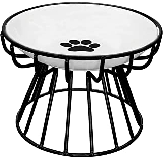 Raised Ceramic Cat Bowl with Metal Stand 2023 New Anti-Vomit Cat Plate Elevated Bowl for Food Water Whisker Friendly Shallow Ceramic Dish for Cat Small Dogs (Black Rack,Paw Plate)
