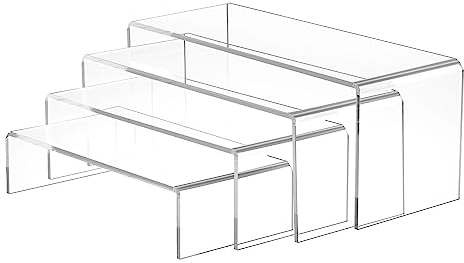 Viymgit 4Pcs Acrylic Risers, Clear Rectangular Tiered Display Stand, Tabletop Display Riser Shelf for Collectibles Jewelry Funko Pop Figures Toys Cupcake Dessert Decorations