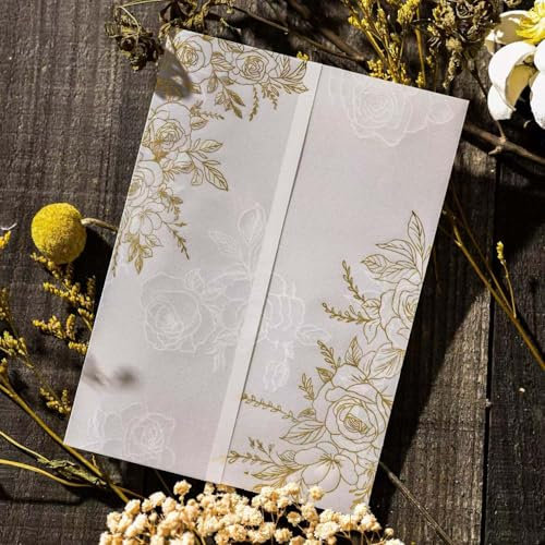 Puremigo 50 Stück vorgefaltete Pergamentumhüllen für 12,7 x 17,8 cm Einladungen – Goldfolienmuster – 115 g/m² Pergamentpapier 5 x 7 Jacken – Pergamentpapier Hochzeitseinladungen Wraps – transparente