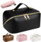 Grande Trousse de Toilette Femme Voyage Capacité,Pochette Trousse Maquillage Voyage XXL en Cuir PU,Makeup Bag Organizer Trousse Rangement Maquillage pour Femmes Fille(Lisse-Noir)