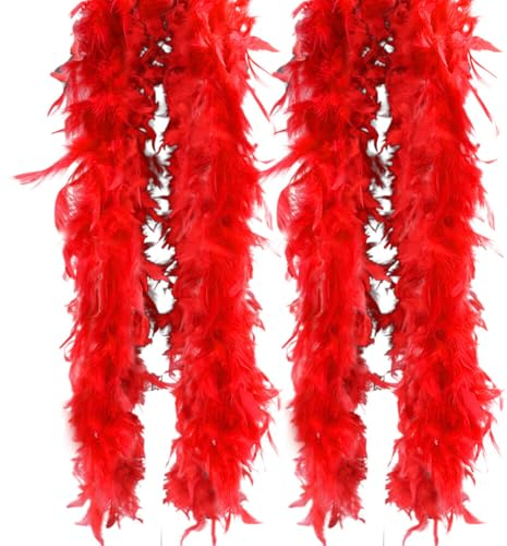 2 Stück Flauschige Federboa zum Basteln, Federboa,Länge 200cm,Feder-Schal,Turkeyfeder Verkleidungszubehör,Halloween-Handwerk,Hochzeitsdekoration,Federstola Federschal Kostüm Karneval Mottoparty,Rot